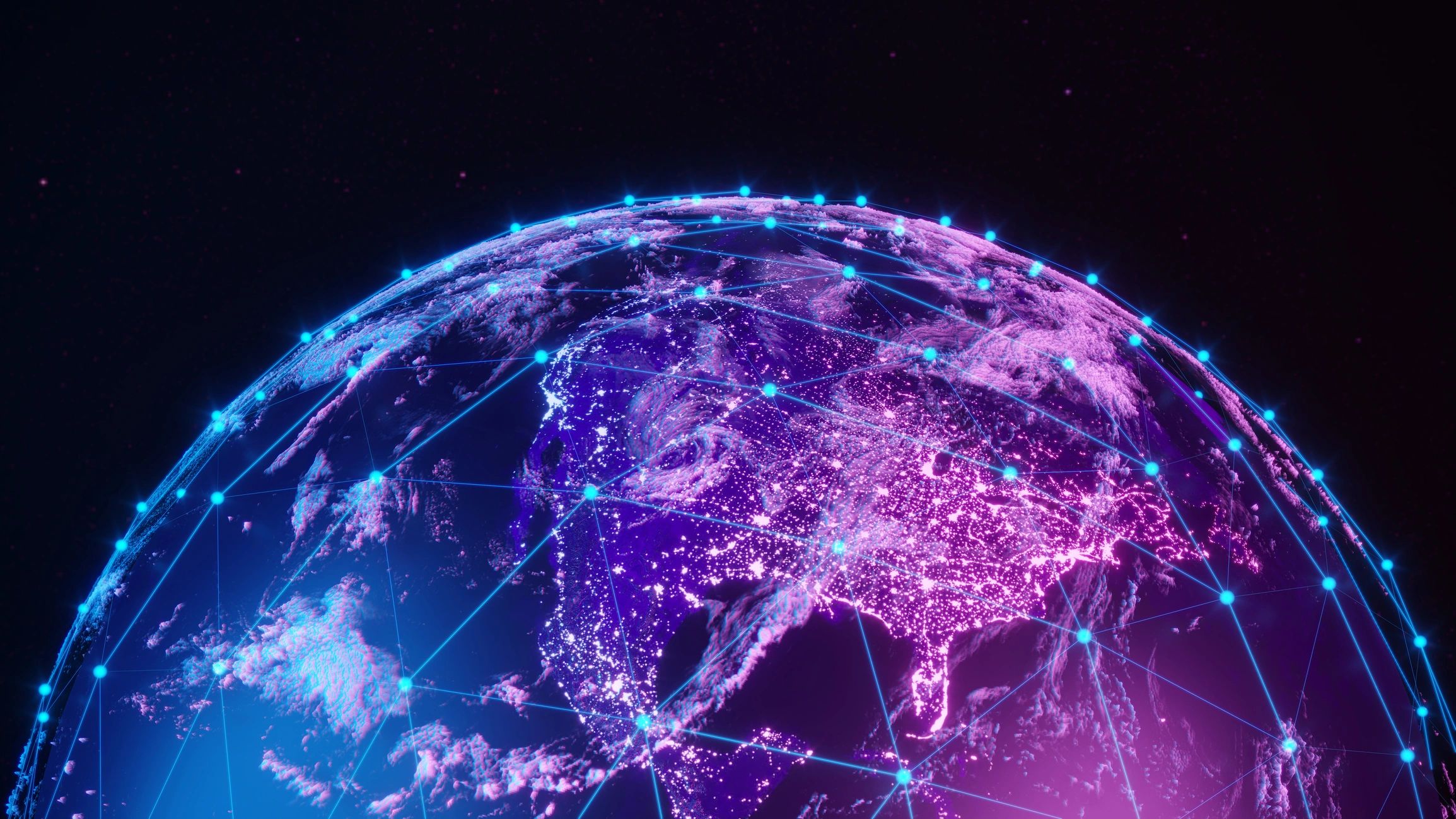 Earth at night with global communication network lines